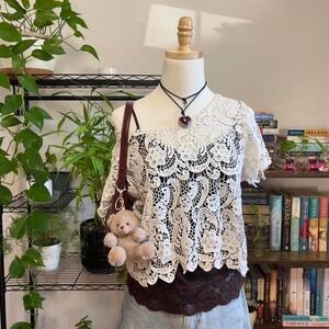 Vintage Y2K Forever 21 Lace Crochet Boho Top Womens‎ Large Cottage Fairy